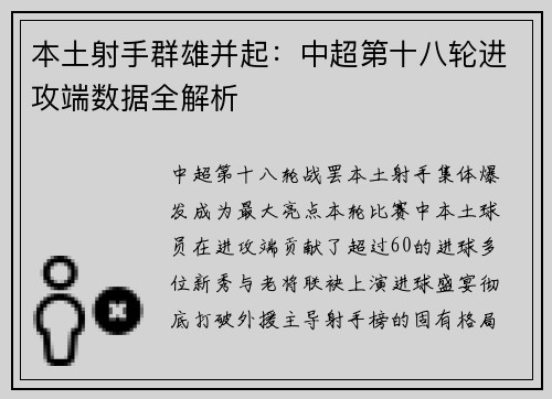 本土射手群雄并起：中超第十八轮进攻端数据全解析
