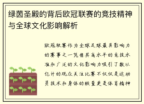 绿茵圣殿的背后欧冠联赛的竞技精神与全球文化影响解析